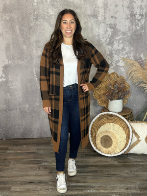 Camel Plaid Longline Cardigan