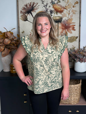 Antiqued Olive Floral Ruffle Sleeve Top - FINAL SALE