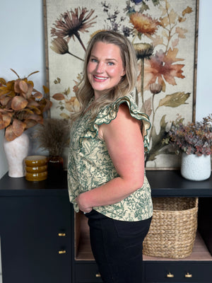 Antiqued Olive Floral Ruffle Sleeve Top - FINAL SALE