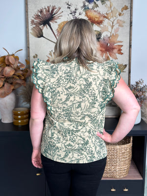 Antiqued Olive Floral Ruffle Sleeve Top - FINAL SALE