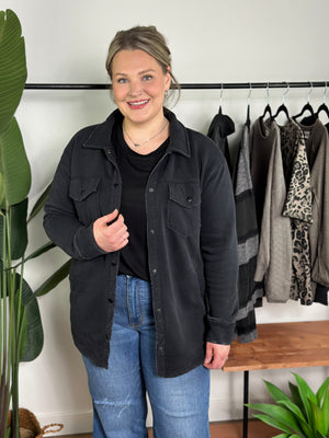 Black Mineral Washed Fleece Lined Shacket (Small - 3X)