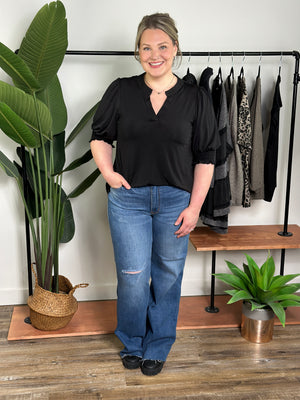 The Solid Wrinkle Free Ruched 3/4 Sleeve Lizzie Top - Black (Small - 3X)