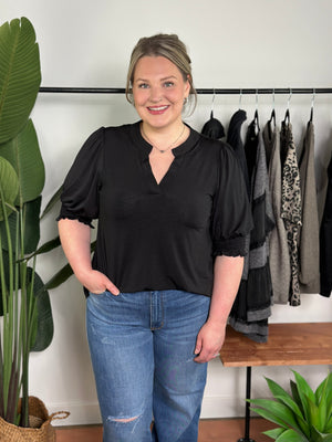 The Solid Wrinkle Free Ruched 3/4 Sleeve Lizzie Top - Black (Small - 3X)