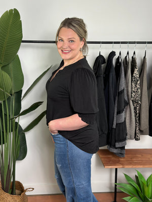 The Solid Wrinkle Free Ruched 3/4 Sleeve Lizzie Top - Black (Small - 3X)