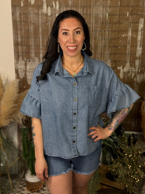 Washed Denim Top with Ruffle Sleeve