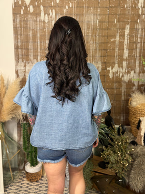 Washed Denim Top with Ruffle Sleeve