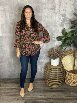 Wrinkle Free Bell Ruffle Lizzie Top - Olive Floral (Small - 3X)