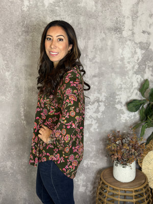 Wrinkle Free Bell Ruffle Lizzie Top - Olive Floral (Small - 3X)