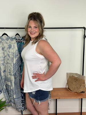 Roundneck Ribbed Tank- White (Small - 3X)