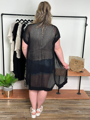 Short Sleeve Fish Net Crochet Cardigan - Black