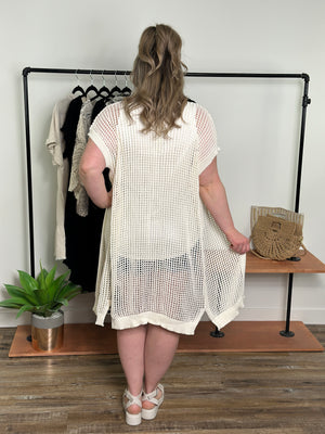 Short Sleeve Fish Net Crochet Cardigan - Cream