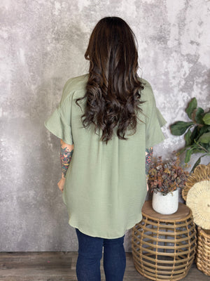 Ruffle Sleeve Button Up Blouse - Olive