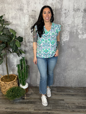 Ruffle Sleeve Purple/Mint Print Top (Small - 2X)