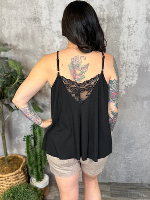 Black Spaghetti Strap Tank with Lace Insert