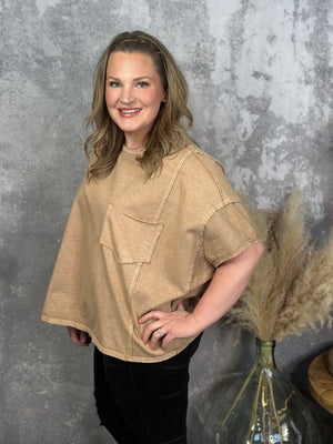 Brown Mineral Wash Pocket Tee with Side Detail