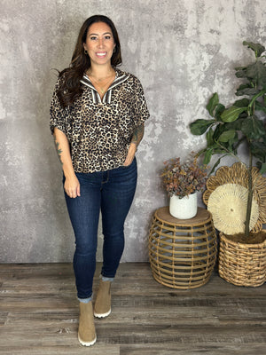 Short Sleeve Leopard Lux Top - Brown