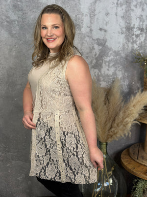 Antique Lace Vest with Stud Detail- Taupe