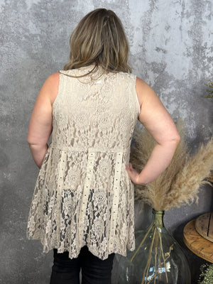 Antique Lace Vest with Stud Detail- Taupe