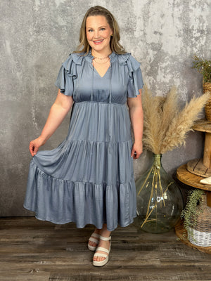 Ruffle Sleeve Tiered Dress - Dusty Blue (Small - 2X)