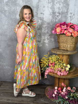 Painted Watercolor Ruffle Sleeve Dress