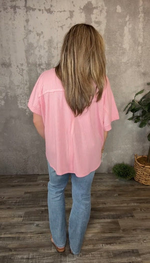 Bubble Gum Ribbed Button Up Top (Curvy Only)