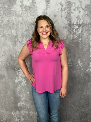 The Wrinkle Free Lizzie Ruffle Tank - Magenta (Small - 3X)