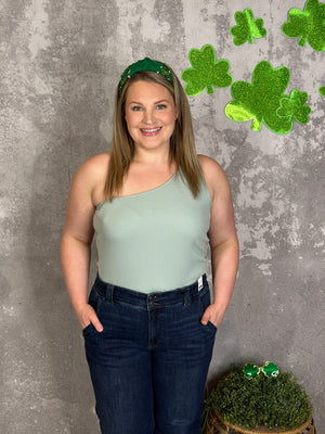Ribbed One Shoulder Bodysuit - Sage (Small - 3X) - FINAL SALE