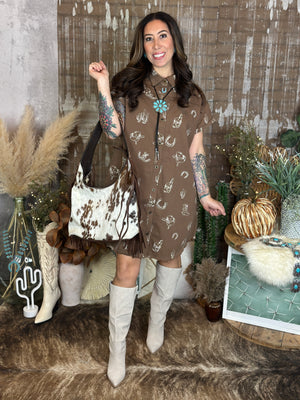 Brown Western Graphic Button Up Collared Dress