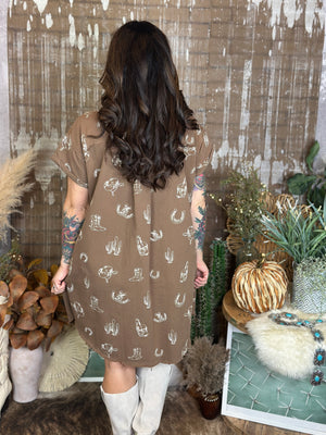 Brown Western Graphic Button Up Collared Dress