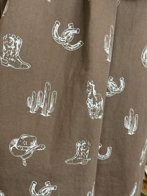 Brown Western Graphic Button Up Collared Dress