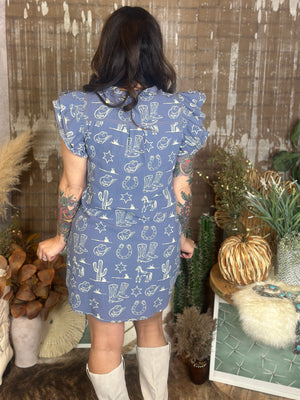 Blue Western Graphic Ruffle Sleeve Dress