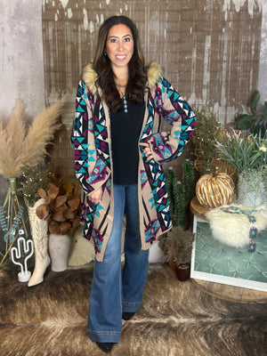 Hooded Aztec Cardigan with detachable faux fur trim (Small - 3X)