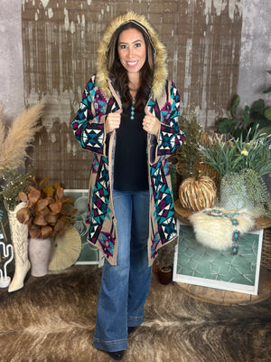 Hooded Aztec Cardigan with detachable faux fur trim (Small - 3X)