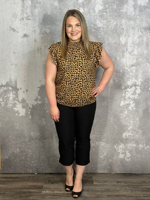 Moch Neck Ruffle Cap Sleeve Leopard Top