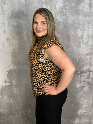 Moch Neck Ruffle Cap Sleeve Leopard Top