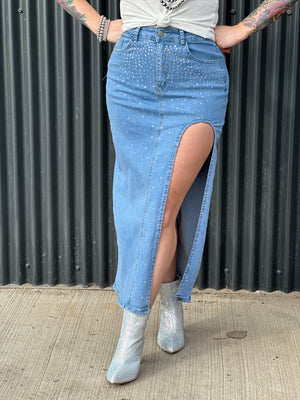 Side Slit Rhinestone Denim Skirt - FINAL SALE