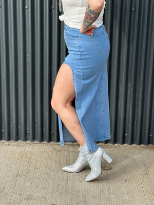 Side Slit Rhinestone Denim Skirt - FINAL SALE