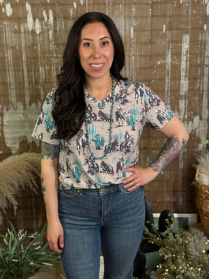 Turquoise Cactus Vneck Tee