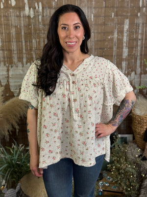 Gauze Tiny Floral Short Sleeve Top (Small - 3X)