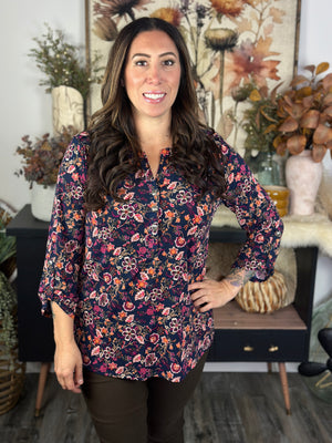 The Lux 3/4 Sleeve Lizzie Top - Navy Floral (Small - 3X)