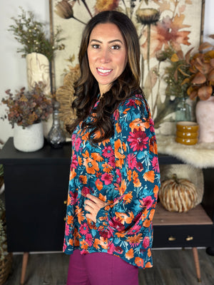 The Ruched 3/4 Sleeve Lizzie Top - Teal Bright Floral