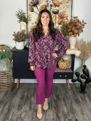 The Ruched 3/4 Sleeve Lizzie Top - Wine Floral