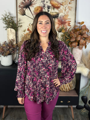 The Ruched 3/4 Sleeve Lizzie Top - Wine Floral
