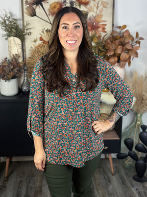 The Lux 3/4 Sleeve Lizzie Top - Green Floral (Small - 3X)