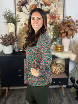 The Lux 3/4 Sleeve Lizzie Top - Green Floral (Small - 3X)