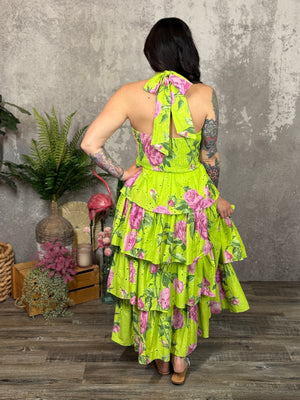 Lime Tiered Ruffle Halter Dress