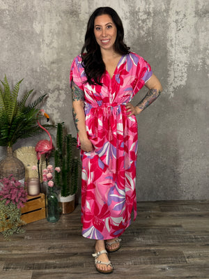 Waist Tie Pink and Puple Floral Maxi Dress (Small - 3X)