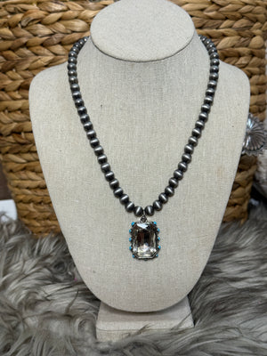 Faux Pearl Necklace with Clear Gem and Turquoise Accent