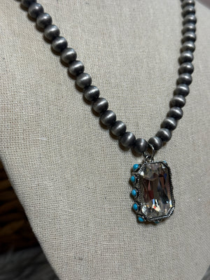 Faux Pearl Necklace with Clear Gem and Turquoise Accent