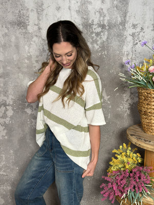 Short Sleeve Olive and White Stripe Sweater (Small - 3X)